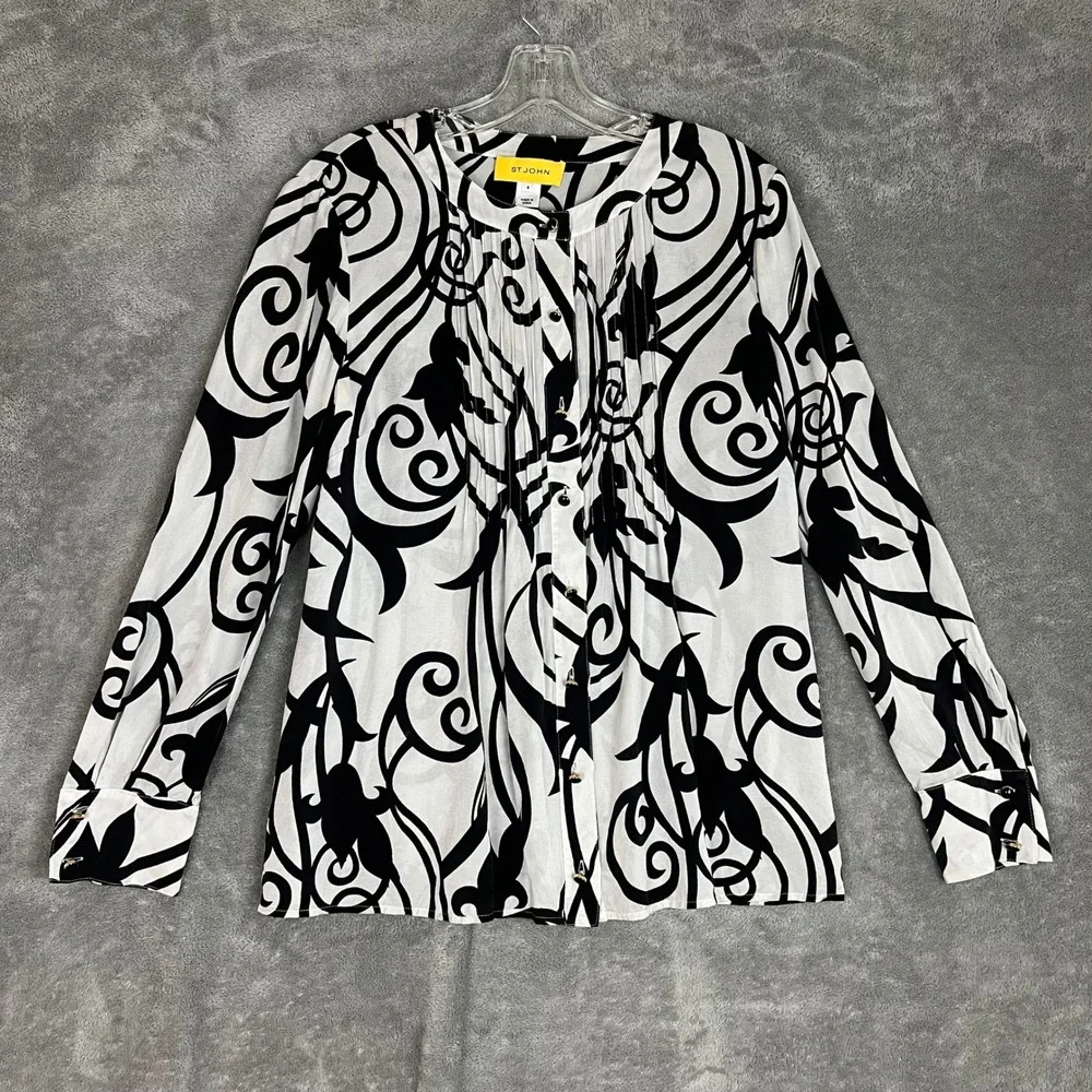 St John Blouse Womens 8 Black White Abstract Pleated Long Sleeve Career